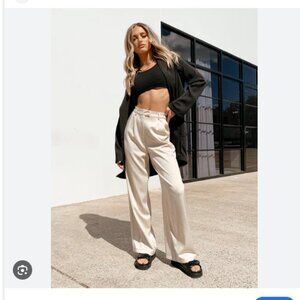 Princess Polly Amalia Sating Wide Leg Pants Cream Beige Size 2 UK 6